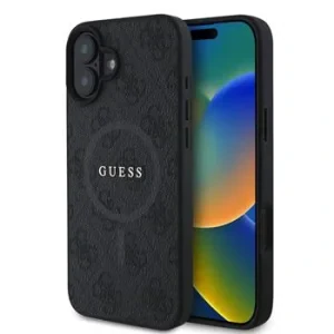 Husa Spate Guess PU 4G inel colorat MagSafe pentru iPhone 16 Plus Negru