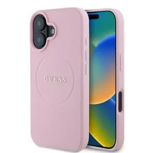 Husa Spate Guess PU Grained Classic Logo MagSafe pentru iPhone 16 Roz