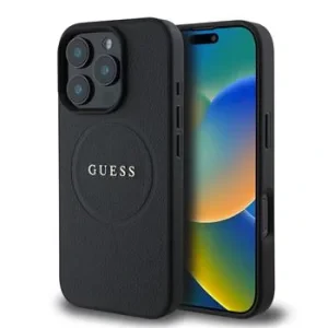 Husa Spate Guess PU Grained Classic Logo MagSafe pentru iPhone 16 Pro Max Negru