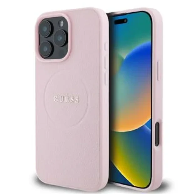 Husa Spate Guess PU Grained Classic Logo MagSafe pentru iPhone 16 Pro Max Roz