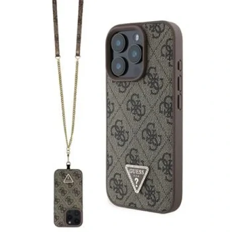 Husa Spate Guess PU 4G Strass Triunghi Metal Logo + Curea Crossbody pentru iPhone 16 Pro Maro