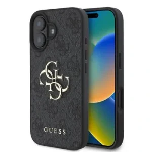 Husa Spate cu logo metalic Guess PU 4G pentru iPhone 16 Plus Gri