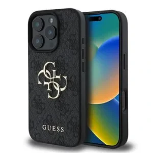 Husa Spate cu logo metalic Guess PU 4G pentru iPhone 16 Pro Max Negru