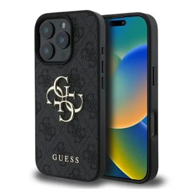 Husa Spate cu logo metalic Guess PU 4G pentru iPhone 16 Pro Max Negru