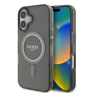 Husa Spate Guess IML Glitter Ring MagSafe pentru iPhone 16 Negru