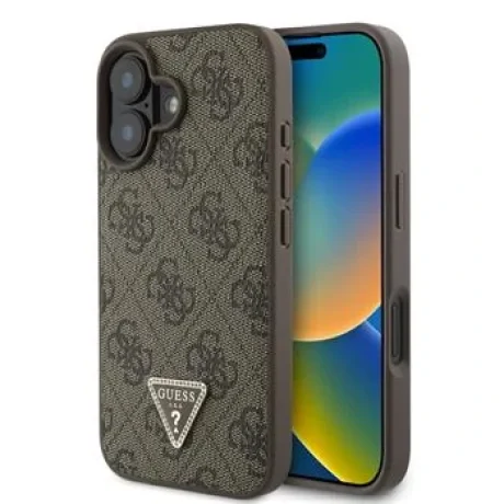 Husa Spate Guess PU 4G Strass Triangle Metal Logo pentru iPhone 16 Maro