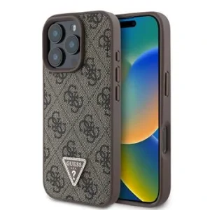 Husa Spate Guess PU 4G Strass Triangle Metal Logo pentru iPhone 16 Pro Maro
