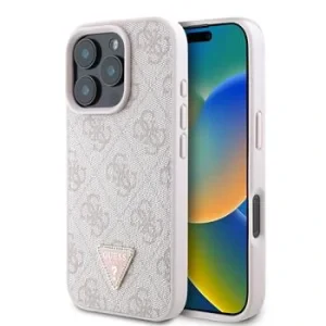Husa Spate Guess PU 4G Strass Triangle Metal Logo pentru iPhone 16 Pro Max Roz