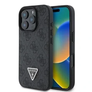 Husa Spate Guess PU 4G Strass Triangle Metal Logo pentru iPhone 16 Pro Negru