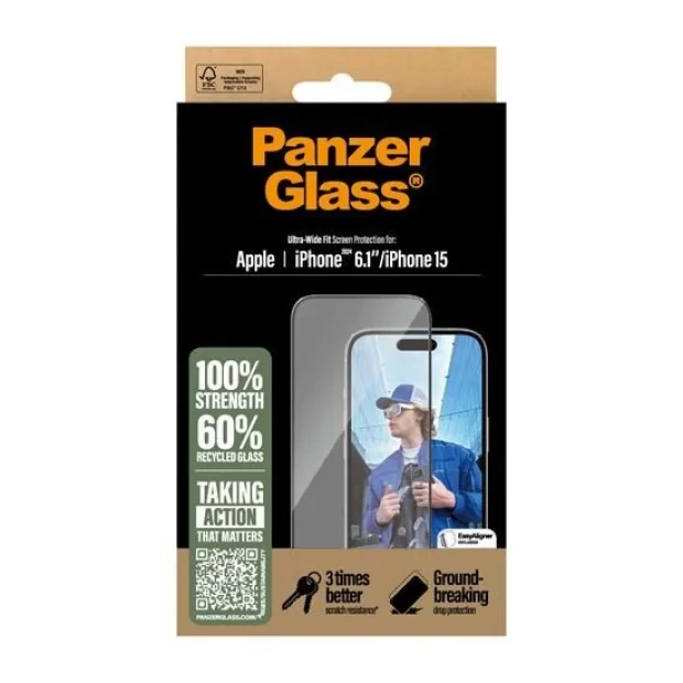 Folie Sticla PanzerGlass Safe UWF pentru iPhone 15/16 Negru