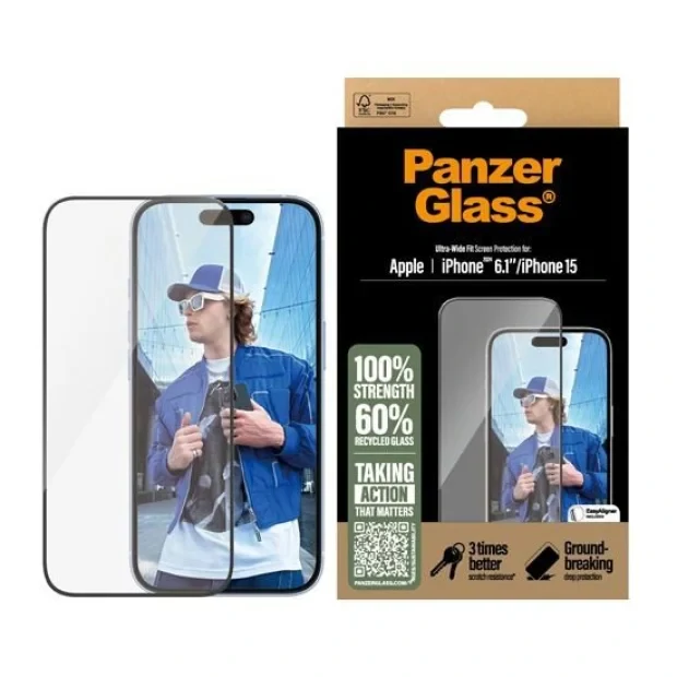 Folie Sticla PanzerGlass Safe UWF pentru iPhone 15/16 Negru