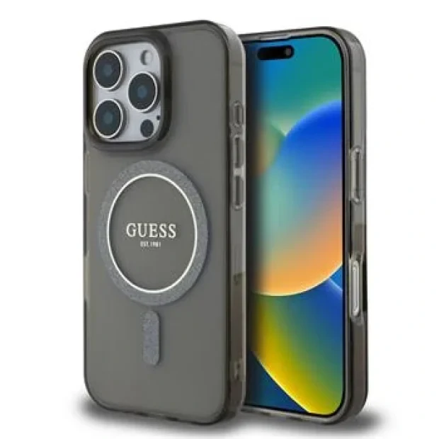 Husa din spate Guess IML Glitter Ring MagSafe pentru iPhone 16 Pro negru