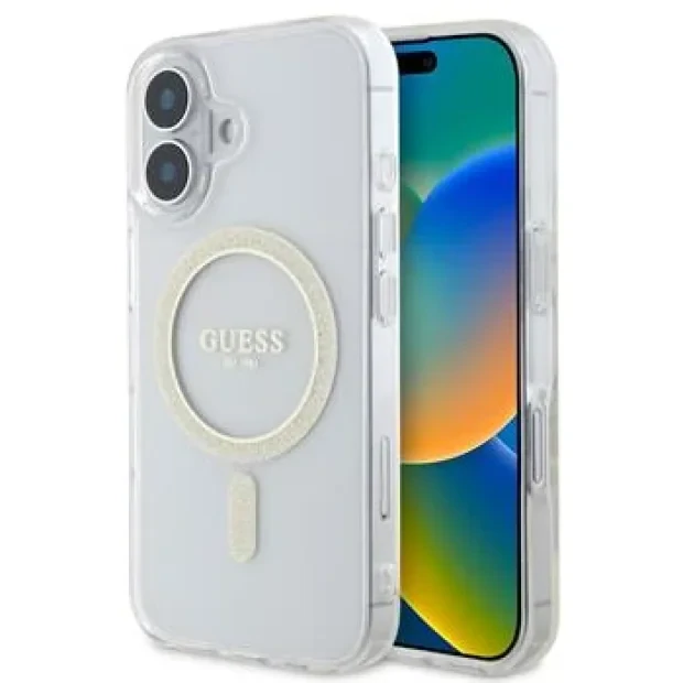 Husa din spate Guess IML Glitter Ring MagSafe pentru iPhone 16 Transparent