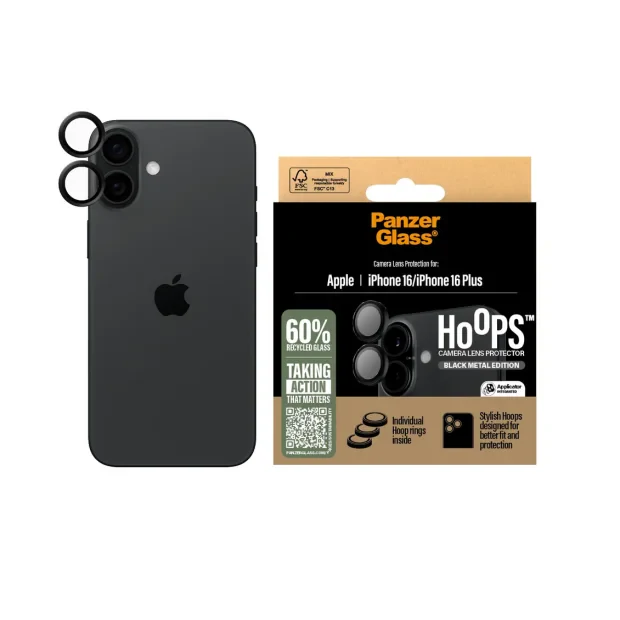 Folie Sticla Camera PanzerGlass Hoops pentru iPhone 16/16 Plus Negru