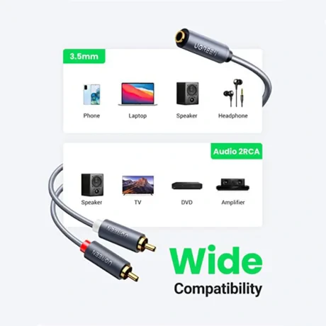 Cablu audio Ugreen, "AV102" stereo 3.5 mm jack (M) la 2 x RCA (T), 1m, conectori auriti, gri "10588"