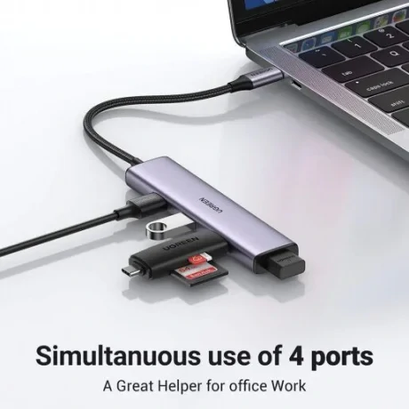 HUB extern Ugreen, "CM473" porturi USB: USB 3.0 x 4, conectare prin USB Type-C, aluminiu, lungime 20 cm, gri, "20841"