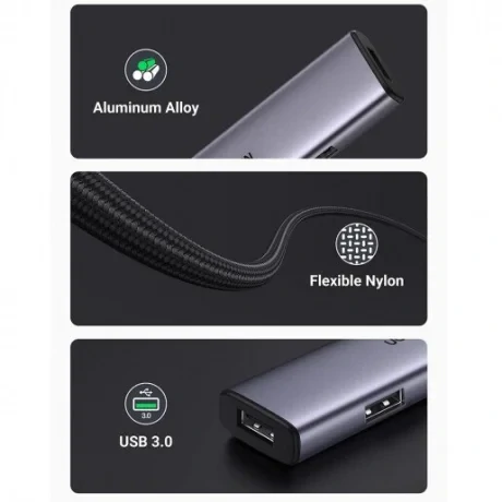 HUB extern Ugreen, "CM473" porturi USB: USB 3.0 x 4, conectare prin USB Type-C, aluminiu, lungime 20 cm, gri, "20841"