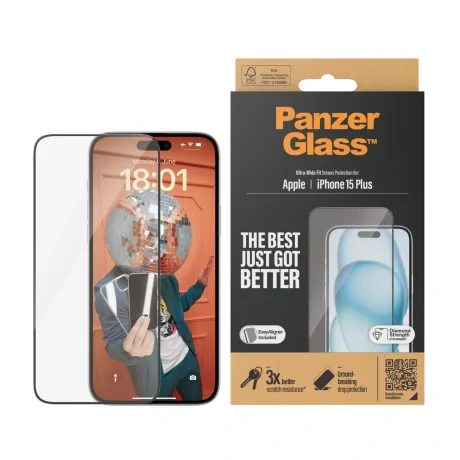Folie Sticla PanzerGlass UWF pentru iPhone 15 Plus cu aplicator Negru