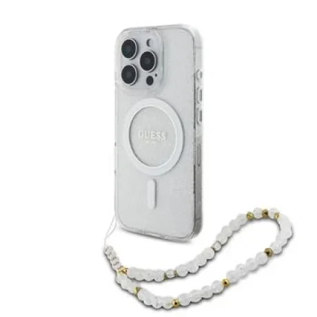 Husa Spate Guess IML Glitter Beads Strap MagSafe pentru iPhone 16 Pro Max Transparent