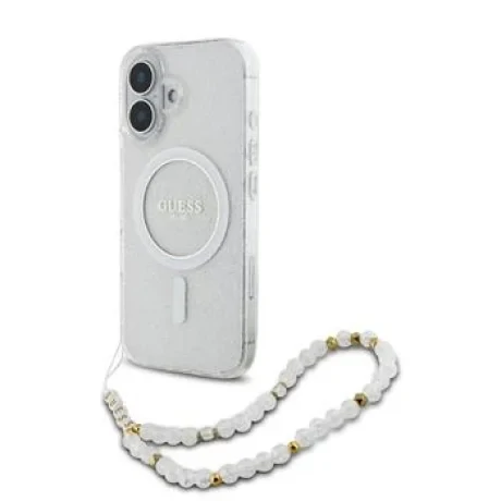 Husa Spate Guess IML Glitter Beads Strap MagSafe pentru iPhone 16 Transparent