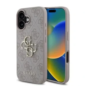 Husa Spate Logo Metalic Guess PU 4G pentru iPhone 16 Plus Roz