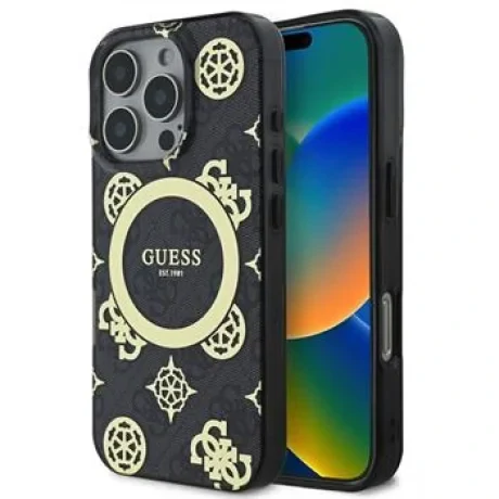 Husa Spate Guess IML 4G Bujor MagSafe pentru iPhone 16 Pro Max Negru