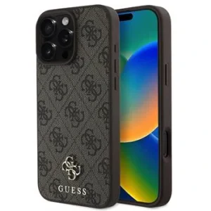 Husa Spate Guess PU 4G Logo Metalic MagSafe pentru iPhone 16 Pro Maro