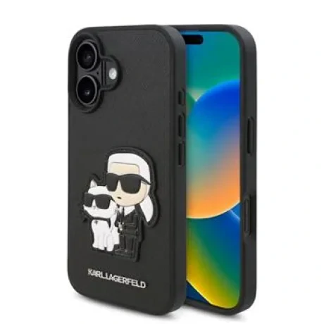 Husa Karl Lagerfeld PU Saffiano Karl si Choupette pentru iPhone 16 Plus, Negru