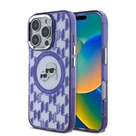 Husa Karl Lagerfeld IML Monogram KandCH Heads MagSafe pentru iPhone 16 Pro, Violet