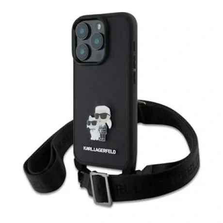 Husa Karl Lagerfeld Saffiano Crossbody Strap Metal Karl and Choupette Cover pentru iPhone 16 Pro, Negru
