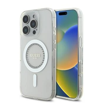 Husa spate Guess IML Rhinestones Ring MagSafe pentru iPhone 16 Pro Max, alb thumb