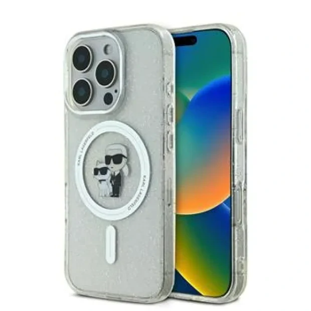 Husa Karl Lagerfeld IML Glitter Karl si Choupette MagSafe pentru iPhone 16 Pro Max Transparent