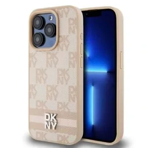 Husa piele DKNY cu model in carouri si dungi pentru iPhone 14 Pro Max, Roz