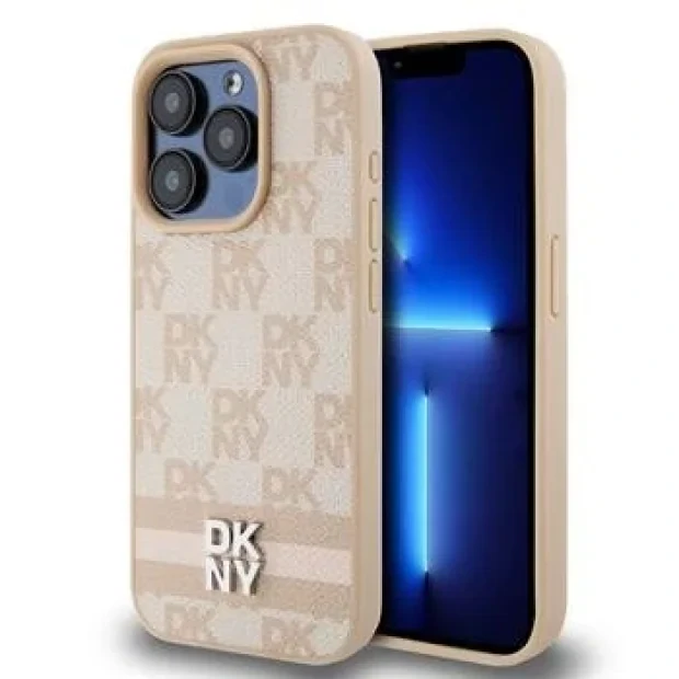 Husa piele DKNY cu model in carouri si dungi pentru iPhone 14 Pro Max, Roz