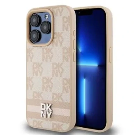 Husa piele DKNY cu model in carouri si dungi pentru iPhone 14 Pro roz