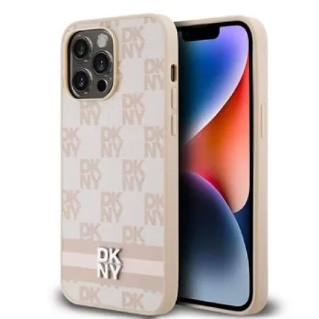 Husa piele DKNY cu model in carouri si dungi pentru iPhone 15 Pro Max, roz