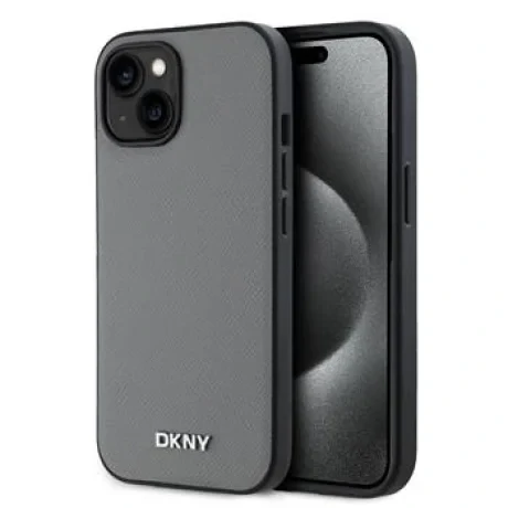 Husa PU DKNY cu logo argintiu Magsafe pentru iPhone 13 Gri