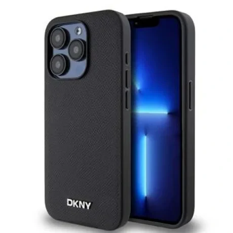 Husa PU DKNY cu logo argintiu Magsafe pentru iPhone 15 Pro Max Negru