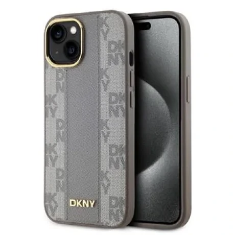 Husa Spate DKNY PU cu model carouri pentru iPhone 15 Bej