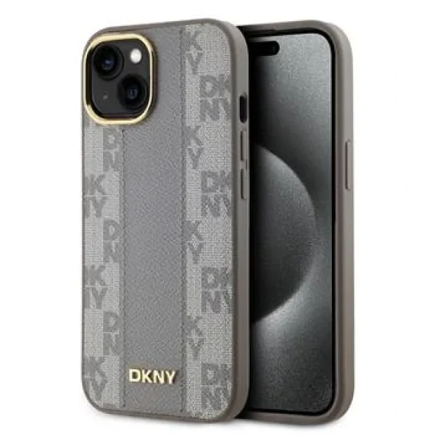 Husa Spate DKNY PU cu model carouri pentru iPhone 15 Bej