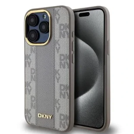 Husa Spate DKNY PU cu model carouri pentru iPhone 15 Pro Max Bej