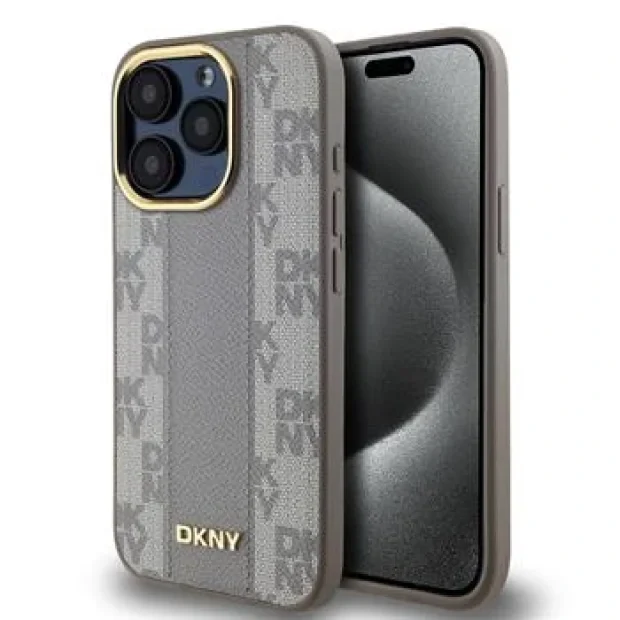 Husa Spate DKNY PU cu model carouri pentru iPhone 15 Pro Max Bej