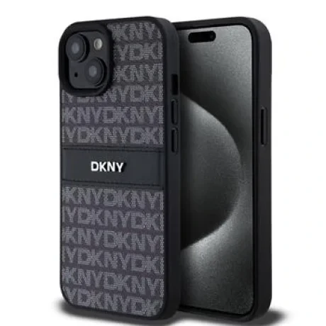 Husa PU DKNY cu model dungi pentru iPhone 15 Negru
