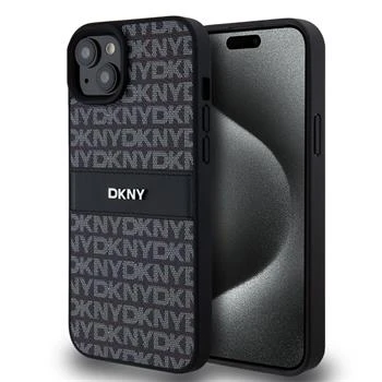 Husa PU DKNY cu model dungi pentru iPhone 15 Plus Negru thumb