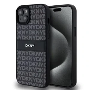 Husa PU DKNY cu model dungi pentru iPhone 15 Plus Negru