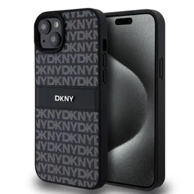 Husa PU DKNY cu model dungi pentru iPhone 15 Plus Negru