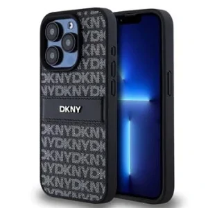 Husa PU DKNY cu model dungi pentru iPhone 15 Pro Max Negru