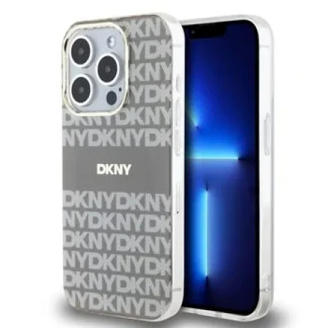 Husa Spate DKNY PC/TPU cu model dungi tonale pentru iPhone 15 Pro Bej