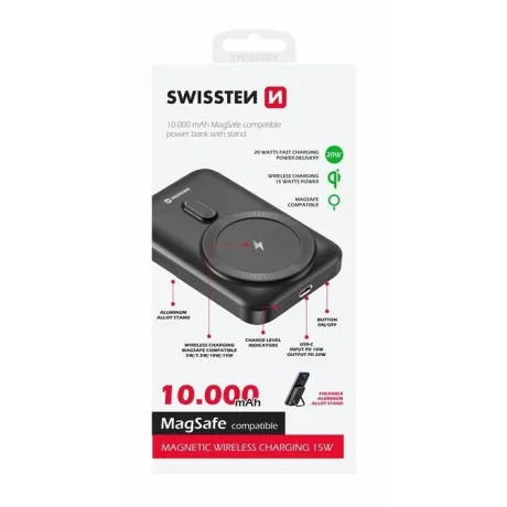 Baterie Externa Swissten New 10000 mAh compatibil cu MagSafe 1xUSB Type-C 20W Negru