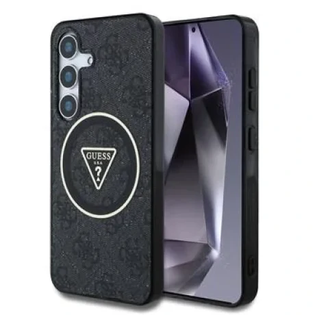 Husa Guess IML 4G Glitter and Triangle Logo MagSafe pentru Samsung Galaxy S25 Plus, Negru